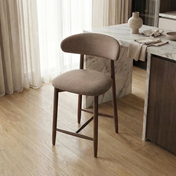 EOP Single Barstool, Mid Century Counter Height Barstools with Curved Back, Upholstered Kitchen Bar Chairs with Wood Legs for Kitchen Island Dining Room, Camel