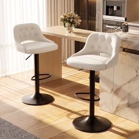 EOP Swivel Bar Stools Set of 2, Adjustable Height PU Leather Bar Chairs with Curved Backrest, Modern Counter Height Bar Stools for Kitchen Island Dining Room, Beige