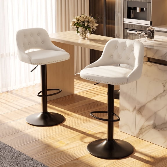 EOP Swivel Bar Stools Set of 2, Adjustable Height PU Leather Bar Chairs with Curved Backrest, Modern Counter Height Bar Stools for Kitchen Island Dining Room, Beige