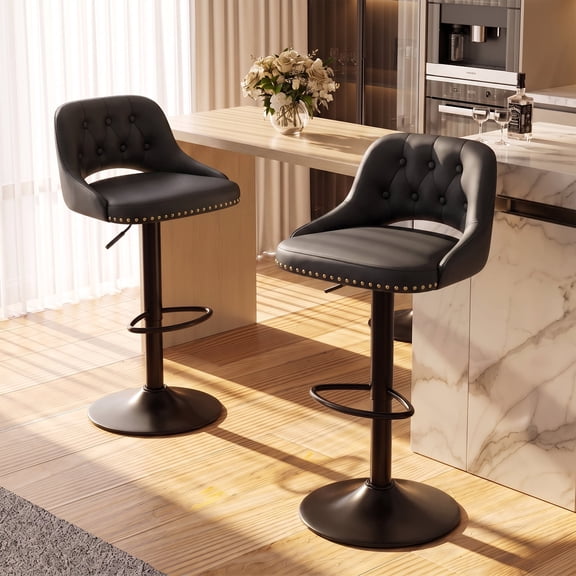 EOP Swivel Bar Stools Set of 2, Adjustable Height PU Leather Bar Chairs with Curved Backrest, Counter Height Seating for Kitchen Island Dining Room, Black