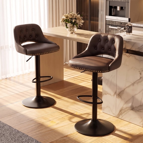 EOP Swivel Bar Stools Set of 2, Adjustable Height PU Leather Bar Chairs with Curved Backrest, Counter Height Seating for Kitchen Island Dining Room, Brown