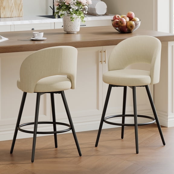 EOP Swivel Bar Stools Set of 2, Linen Fabric Barstool with Metal Legs and Footrest, Upholstered Counter Height Bar Stools for Kitchen Island, Restaurant, Dining Room, Beige