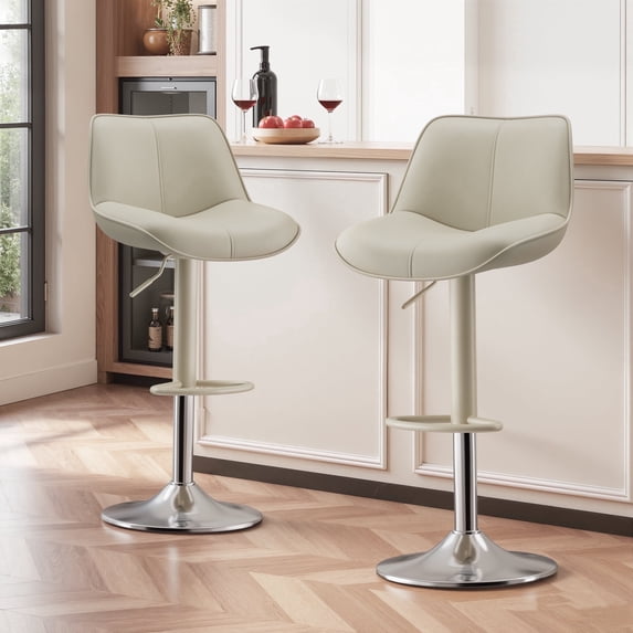 EOP Upholstered Bar Stools Set of 2, Adjustable Swivel Counter Height Bar Chairs with Backrest, Modern PU Leather Counter Stools for Bar, Kitchen, Dining Room, Beige