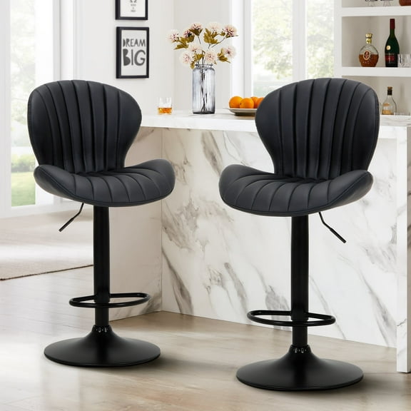 EOP Swivel Bar Stools Set of 2, Modern Upholstered Adjustable Height Counter Stools with Footrest, Faux Leather Upholstered BarStools with Metal Frame, Bar Chairs with Backrest, Black