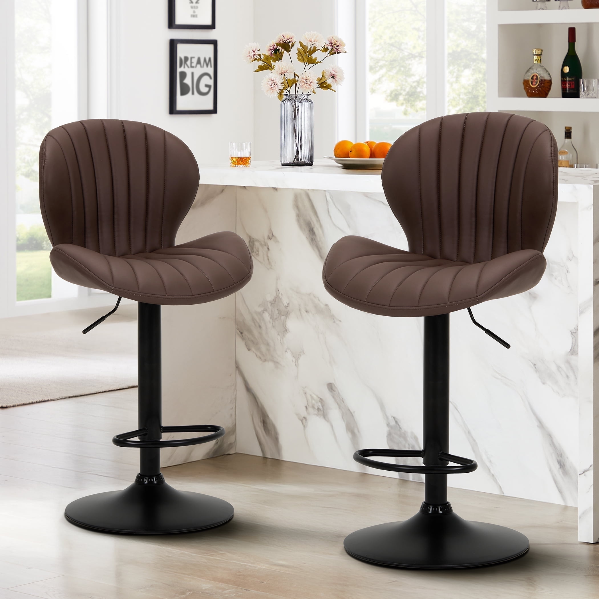 EOP Swivel Bar Stools Set of 2, Modern Upholstered Adjustable Height Counter Stools with Footrest, Faux Leather Upholstered BarStools with Metal Frame, Bar Chairs with Backrest, Brown