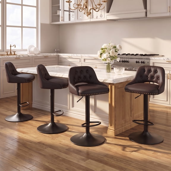 EOP Swivel Bar Stools Set of 4, Adjustable Height PU Leather Bar Chairs with Curved Backrest, Counter Height Seating for Kitchen Island Dining Room, Brown