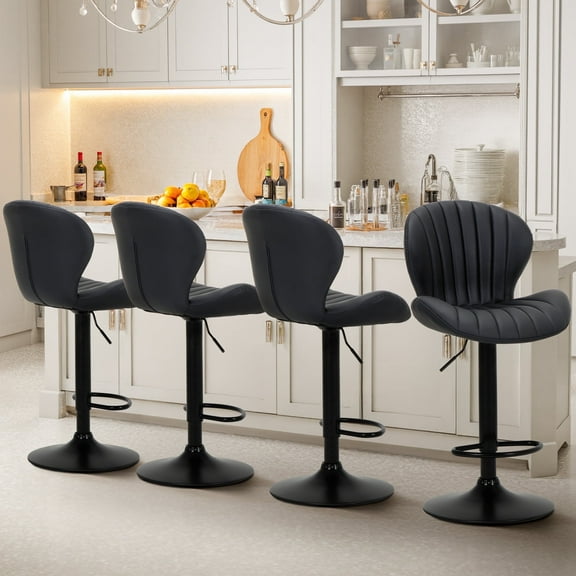 EOP Swivel Bar Stools Set of 4, Modern Upholstered Adjustable Height Counter Stools with Footrest, Faux Leather Upholstered BarStools with Metal Frame, Bar Chairs with Backrest, Black