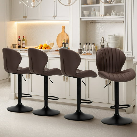 EOP Swivel Bar Stools Set of 4, Modern Upholstered Adjustable Height Counter Stools with Footrest, Faux Leather Upholstered BarStools with Metal Frame, Bar Chairs with Backrest, Brown