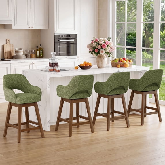 EOP Modern Swivel Bar Stools Set of 4, 25" Upholstered Counter Height Bar Stools with Wood Legs & Curved Back, Mid Century Bar Chairs for Kitchen Island Pub, Green