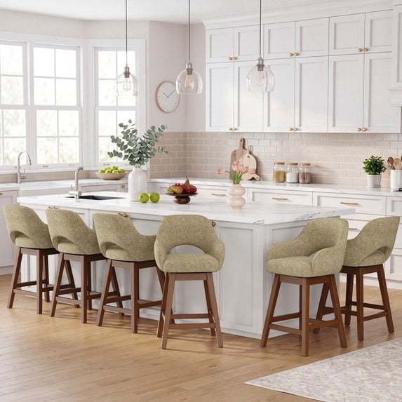 EOP Modern Swivel Bar Stools Set of 6, 25" Upholstered Counter Height Bar Stools with Wood Legs & Curved Back, Mid Century Bar Chairs for Kitchen Island Pub, Camel