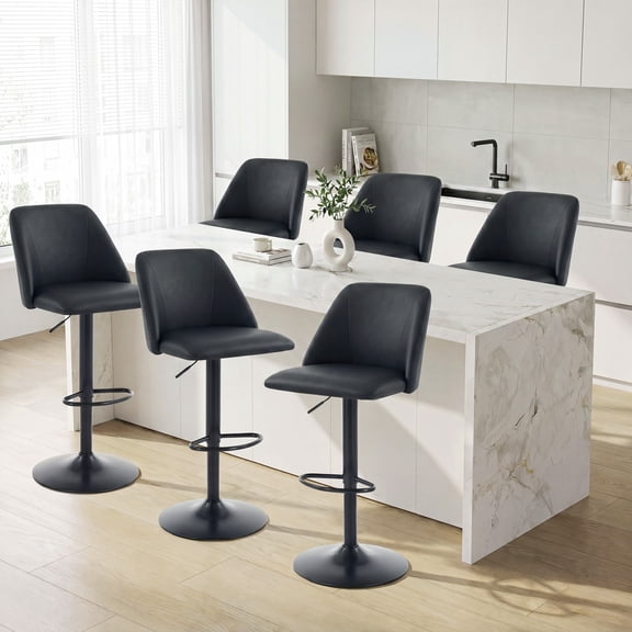 EOP Swivel Bar Stools Set of 6, Adjustable PU Leather Counter Height Bar Chairs with Full Backrest for Kitchen Island, Bar, or Dining Room, Black