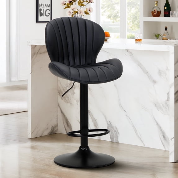 EOP Swivel Single BarStool, Modern Upholstered Adjustable Height Counter Stool with Footrest, Faux Leather Upholstered Bar Stool with Metal Frame, Bar Chair with Backrest, Black