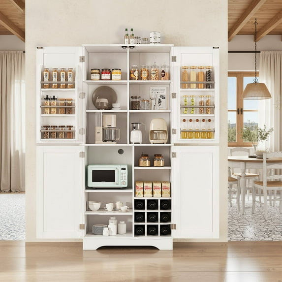 EOP Tall Kitchen Pantry Storage Cabinet with Doors, Wooden Snack Storage Cabinet with Adjustable Shelves, Large Food Pantry Cabinets with Wine Storage Grid & 6 Door Shelves, White
