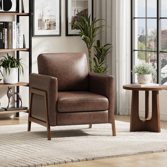 EOP Upholstered Accent Chair, Vintage Mid Century Modern Arm Chair, Comfy PU Leather Reading Armchair for Living Room Bedroom Office, Chocolate