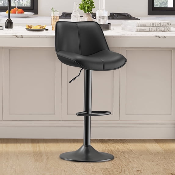 EOP Upholstered Bar Stool Set of 1, Adjustable Swivel Counter Height Bar Chair with Backrest, Modern PU Leather Counter Stool for Bar, Kitchen, Dining Room, Black