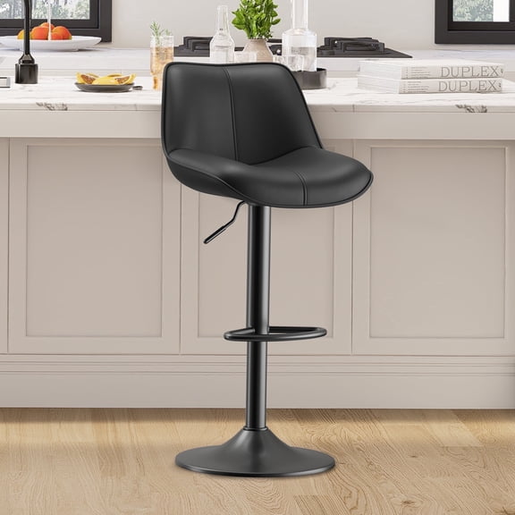 EOP Upholstered Bar Stool Set of 1, Adjustable Swivel Counter Height Bar Chair with Backrest, Modern PU Leather Counter Stool for Bar, Kitchen, Dining Room, Black