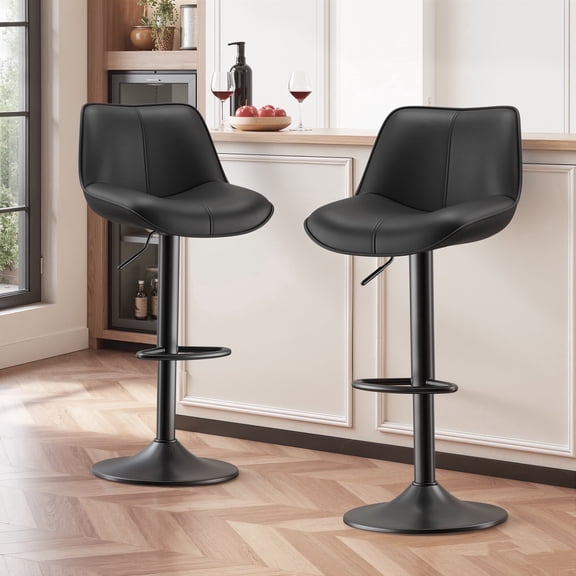 EOP Upholstered Bar Stools Set of 2, Adjustable Swivel Counter Height Bar Chairs with Backrest, Modern PU Leather Counter Stools for Bar, Kitchen, Dining Room, Black