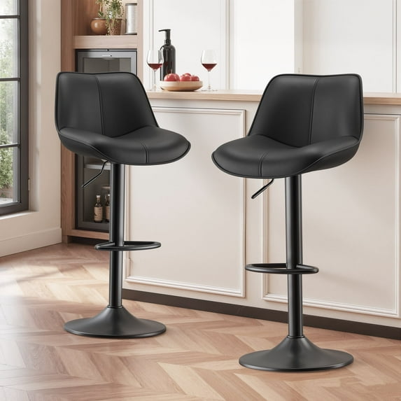 EOP Upholstered Bar Stools Set of 2, Adjustable Swivel Counter Height Bar Chairs with Backrest, Modern PU Leather Counter Stools for Bar, Kitchen, Dining Room, Black