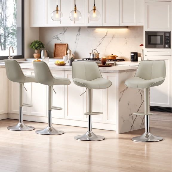 EOP Upholstered Bar Stools Set of 4, Adjustable Swivel Counter Height Bar Chairs with Backrest, Modern PU Leather Counter Stools for Bar, Kitchen, Dining Room, Beige