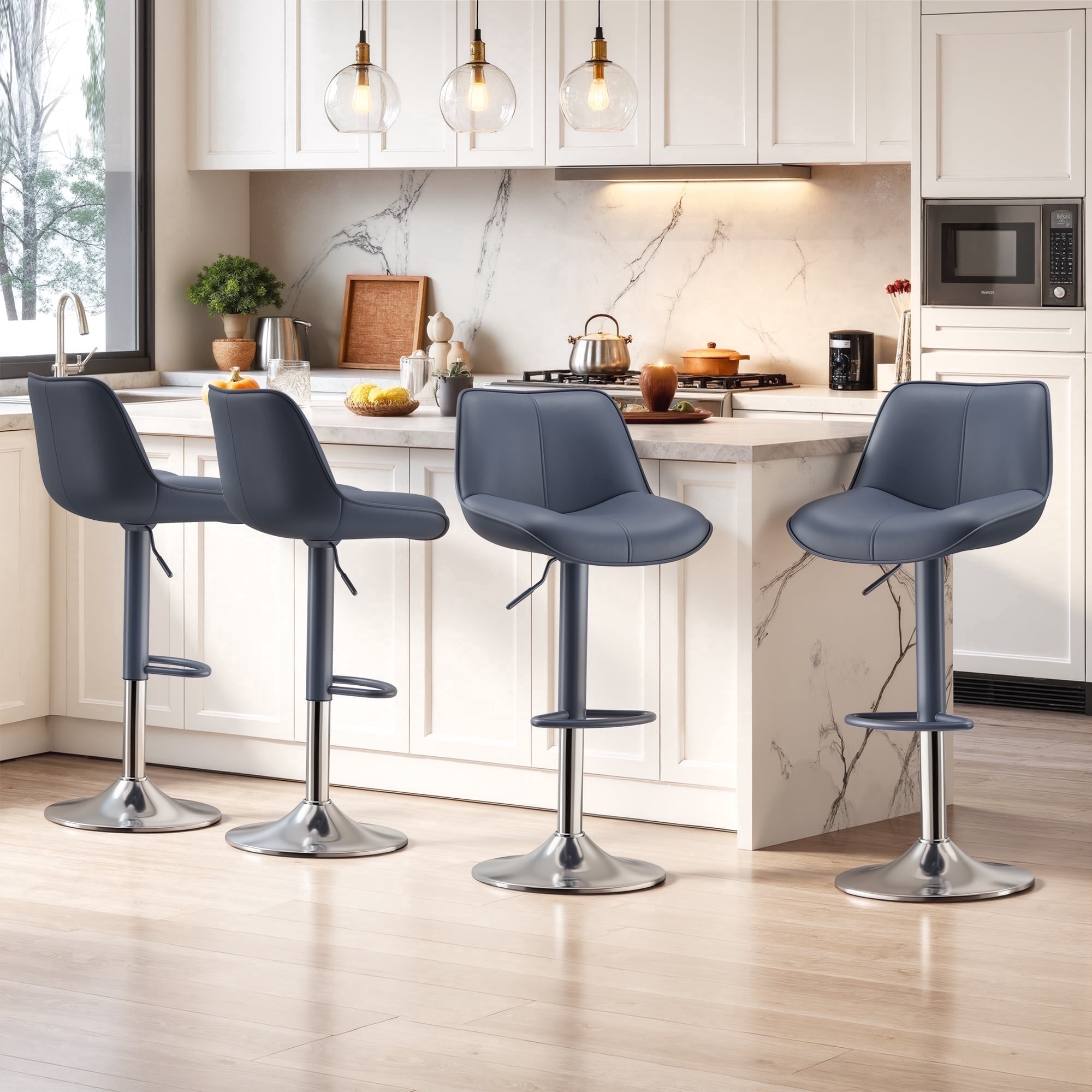 EOP Upholstered Bar Stools Set of 4, Adjustable Swivel Counter Height Bar Chairs with Backrest, Modern PU Leather Counter Stools for Bar, Kitchen, Dining Room, Blue