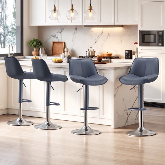 EOP Upholstered Bar Stools Set of 4, Adjustable Swivel Counter Height Bar Chairs with Backrest, Modern PU Leather Counter Stools for Bar, Kitchen, Dining Room, Blue