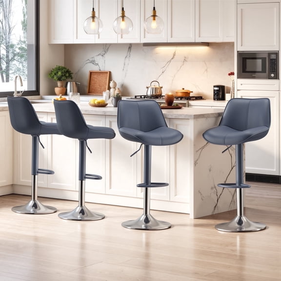 EOP Upholstered Bar Stools Set of 4, Adjustable Swivel Counter Height Bar Chairs with Backrest, Modern PU Leather Counter Stools for Bar, Kitchen, Dining Room, Blue