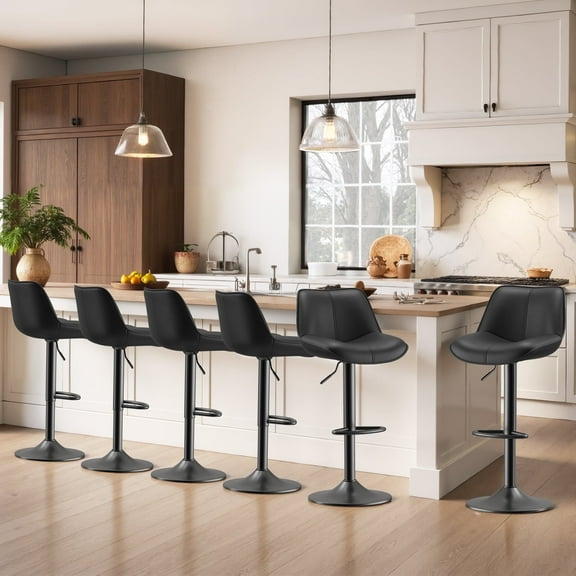 EOP Upholstered Bar Stools Set of 6, Adjustable Swivel Counter Height Bar Chairs with Backrest, Modern PU Leather Counter Stools for Bar, Kitchen, Dining Room, Black