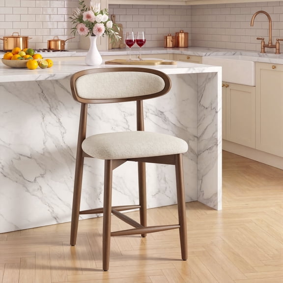 EOP Upholstered Counter Height Bar Stool with Back, Modern Kitchen Island Stool, Wood Leg Bar Chair for Kitchen Island Dining Room Bar Counter, Beige