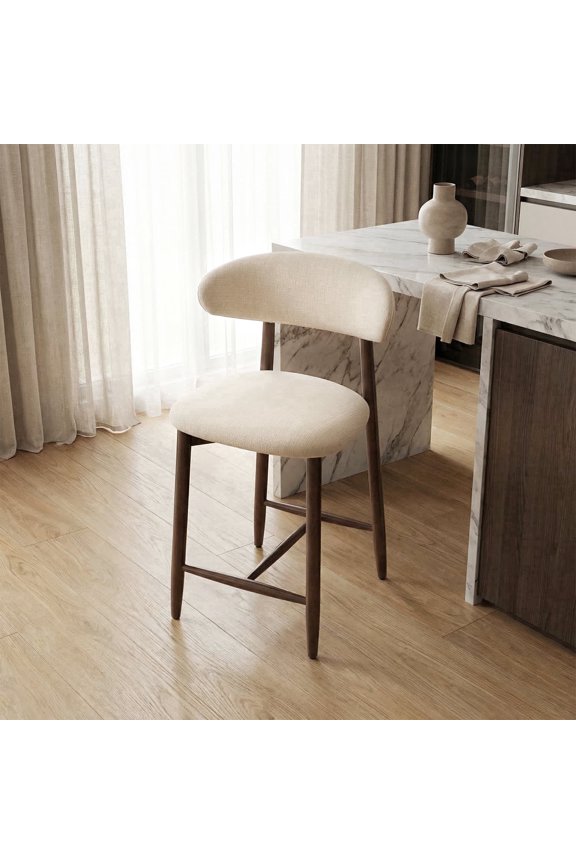Upholstered Counter Height Bar Stool with Back, Modern Kitchen Island Stool, Wood Leg Bar Chair for Kitchen Island Dining Room Bar Counter, Beige