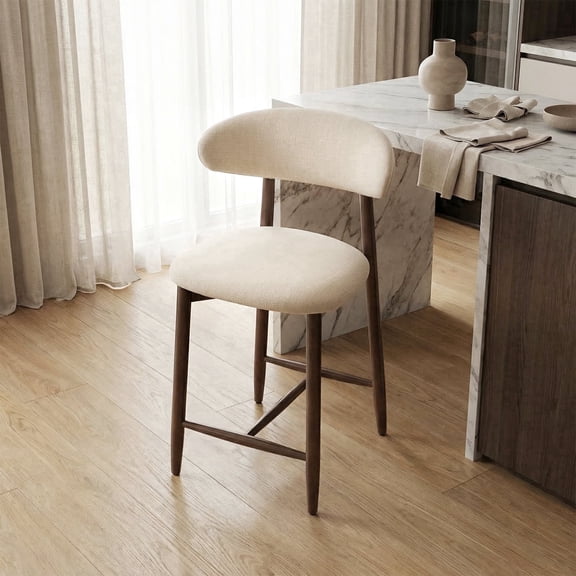 EOP Upholstered Counter Height Bar Stool with Back, Modern Kitchen Island Stool, Wood Leg Bar Chair for Kitchen Island Dining Room Bar Counter, Beige