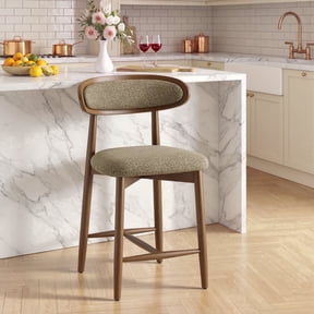 EOP Upholstered Counter Height Bar Stool with Back, Modern Kitchen Island Stool, Wood Leg Bar Chair for Kitchen Island Dining Room Bar Counter, Camel