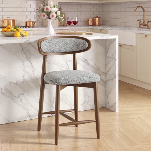 EOP Upholstered Counter Height Bar Stool with Back, Modern Kitchen Island Stool, Wood Leg Bar Chair for Kitchen Island Dining Room Bar Counter, Light Gray
