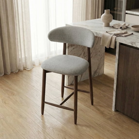 EOP Upholstered Counter Height Bar Stools with Back, Modern Kitchen Island Stools, Wood Leg Bar Chairs for Kitchen Island, Dining Room, or Bar Counter, Light Gray