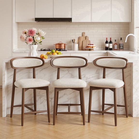 EOP Modern Bar Stools Set of 3, Upholstered 24.8″ Counter Height Bar Stools, Kitchen Island Barstools with Wood Legs for Kitchen Island Dining Room Bar, Beige