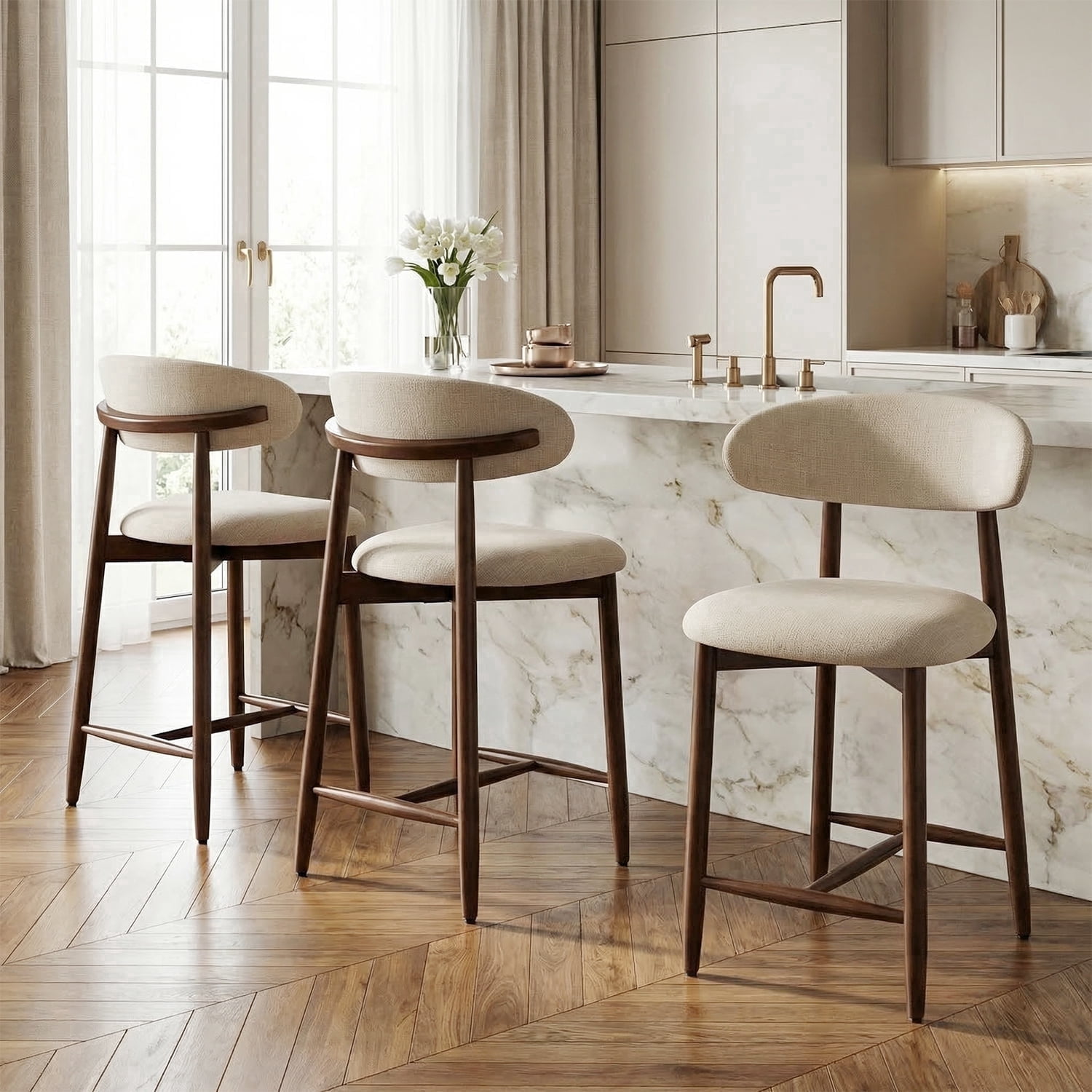 EOP Modern Bar Stools Set of 3, Upholstered 25.59″ Counter Height Bar Stools, Kitchen Island Barstools with Wood Legs for Kitchen Island Dining Room Bar, Beige