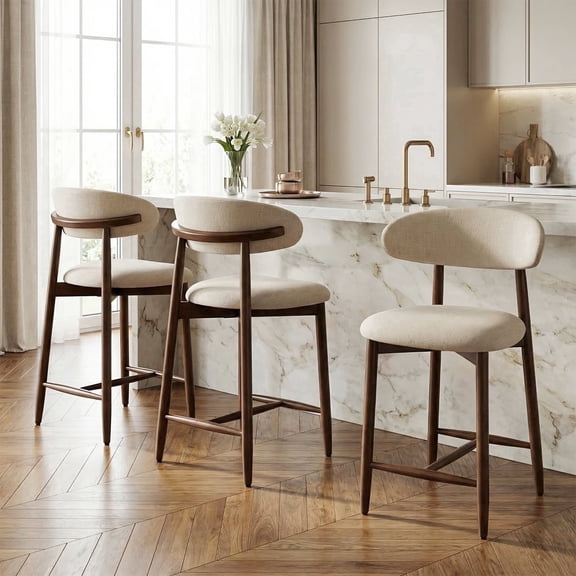 EOP Modern Bar Stools Set of 3, Upholstered 25.59″ Counter Height Bar Stools, Kitchen Island Barstools with Wood Legs for Kitchen Island Dining Room Bar, Beige