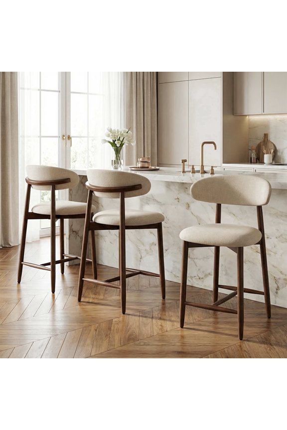 Modern Bar Stools Set of 3, Upholstered 25.59″ Counter Height Bar Stools, Kitchen Island Barstools with Wood Legs for Kitchen Island Dining Room Bar, Beige