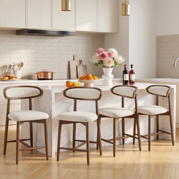 EOP Modern Bar Stools Set of 4, Upholstered 24.8″ Counter Height Bar Stools, Kitchen Island Barstools with Wood Legs for Kitchen Island Dining Room Bar, Beige