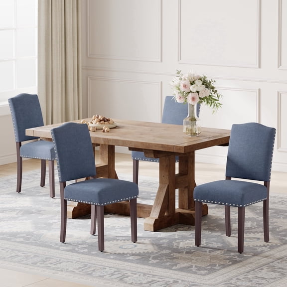 EOP Upholstered Dining Chair Set of 4, Wood Legs Parsons Chairs with Nailhead Trim Vintage Design for Kitchen Dining Room, Blue