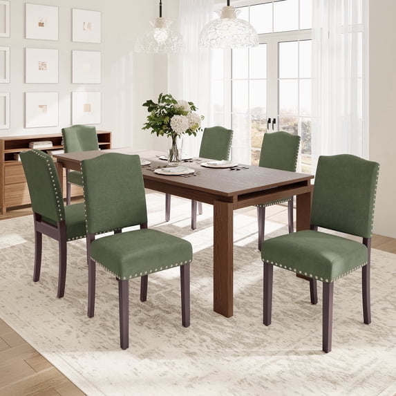 EOP Upholstered Dining Chair Set of 6, Wood Legs Parsons Chairs with Nailhead Trim Vintage Design for Kitchen Dining Room, Green