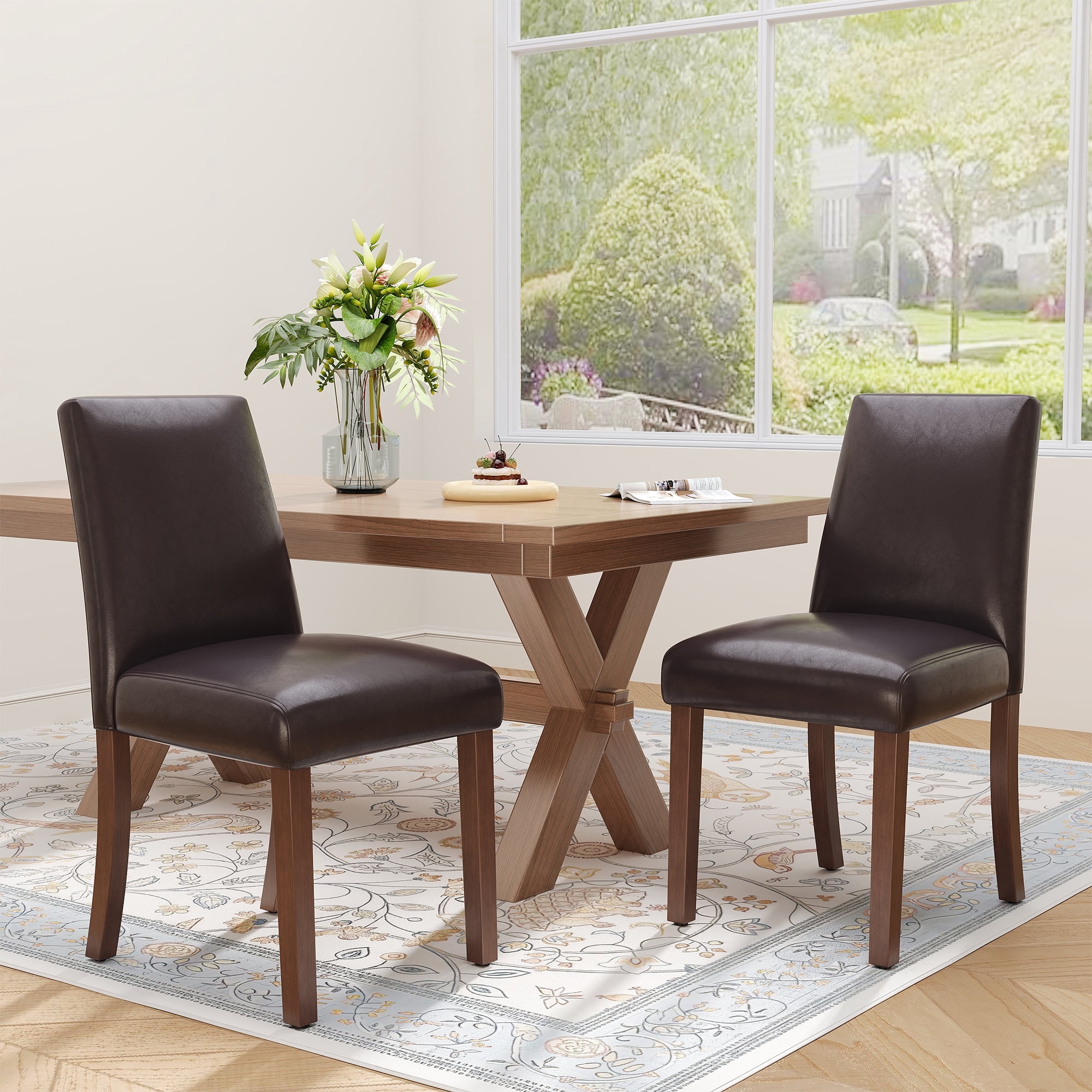 EOP Upholstered Dining Chairs Set of 2, Faux Leather Dining Side Chairs, Farmhouse Dining Room Chairs, Stylish Kitchen Chairs with Solid Wood Legs and Padded Seat, Dark Brown
