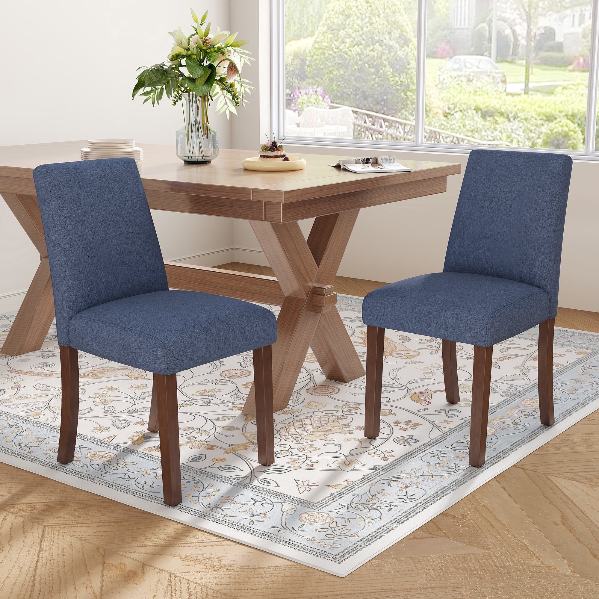 EOP Upholstered Dining Chairs Set of 2, Linen Fabric Dining Side Chairs, Farmhouse Dining Room Chairs, Stylish Kitchen Chairs with Solid Wood Legs and Padded Seat, Blue