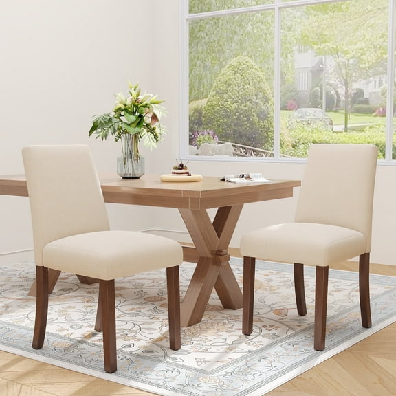 EOP Upholstered Dining Chairs Set of 2, Linen Fabric Dining Side Chairs, Farmhouse Dining Room Chairs, Stylish Kitchen Chairs with Solid Wood Legs and Padded Seat, Beige