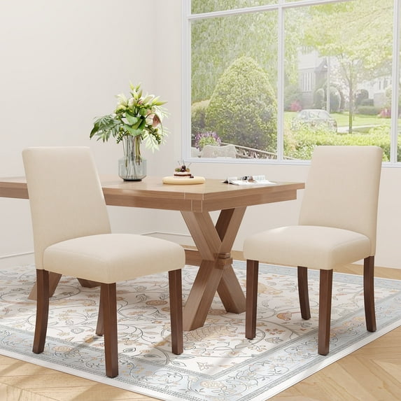 EOP Upholstered Dining Chairs Set of 2, Linen Fabric Dining Side Chairs, Farmhouse Dining Room Chairs, Stylish Kitchen Chairs with Solid Wood Legs and Padded Seat, Beige