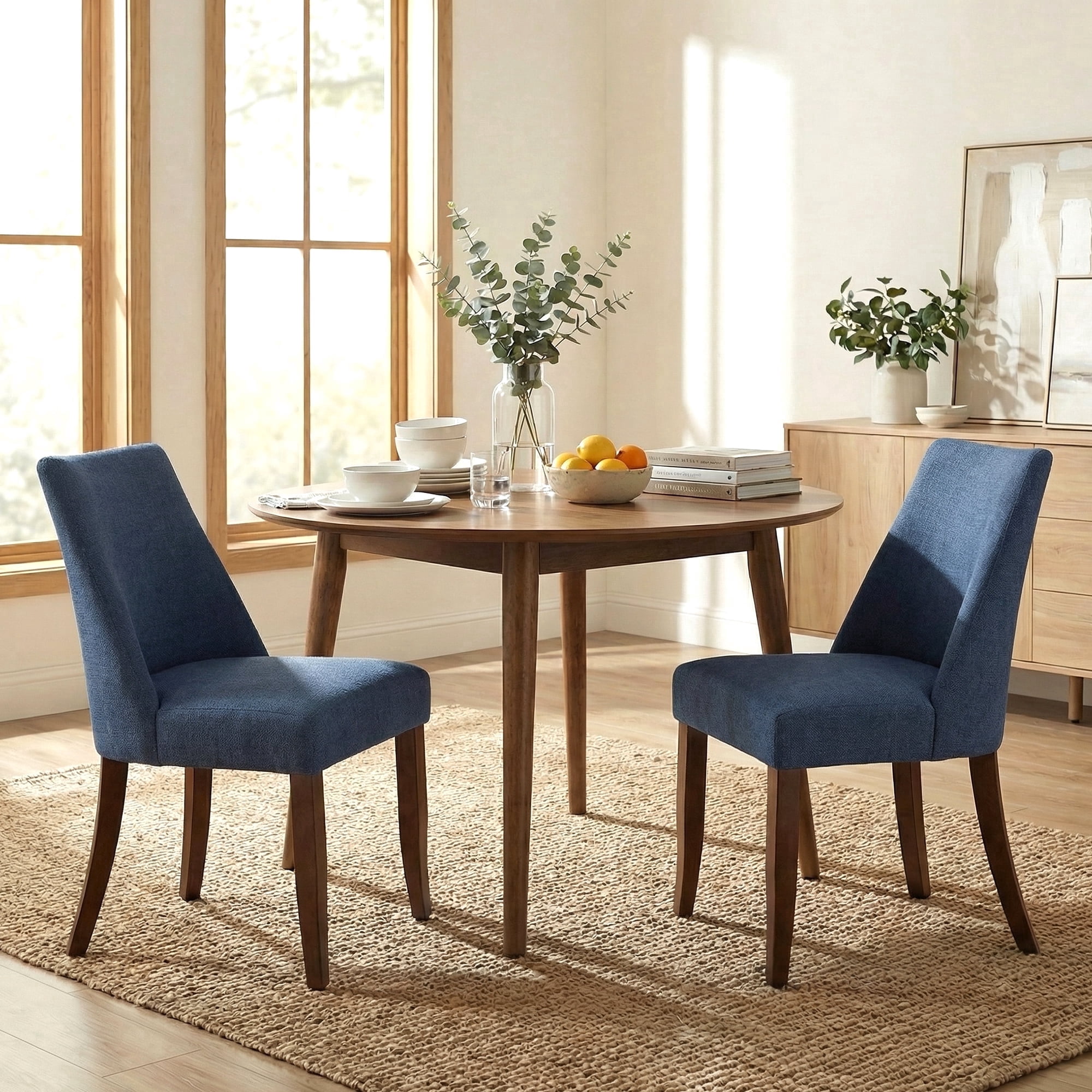 EOP Upholstered Dining Chairs Set of 2, Mid Century Modern Fabric Side Chairs with Solid Wood Legs, Comfortable Kitchen & Dining Room Chairs for Home, Restaurant Use, Blue
