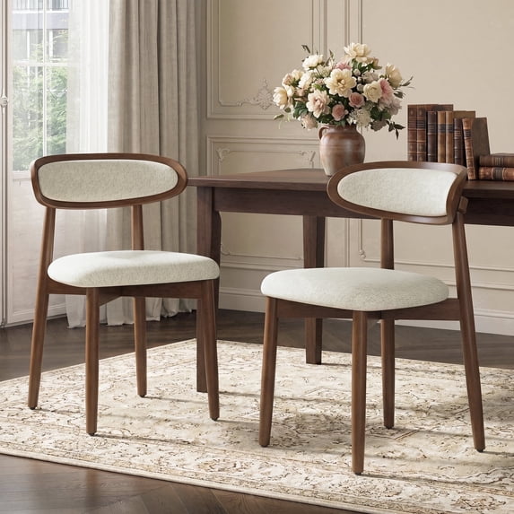 EOP Mid-Century Wooden Dining Chairs Set of 2, Farmhouse Upholstered Kitchen Dining Chairs with Curved Back, Modern Fabric Side Dining Chair for Dining Room, Restaurant, Beige