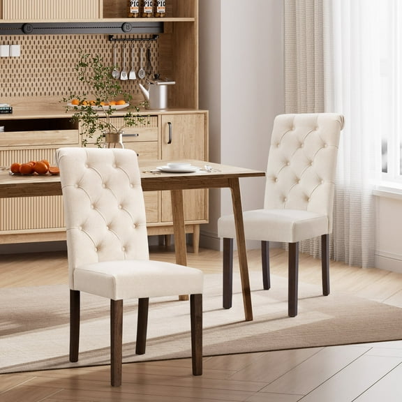 EOP Upholstered Dining Chairs Set of 2, Parsons Fabric Kitchen Chairs with Padded Seat, Button Tufted Armless Dining Side Chairs with Wood Legs, Beige