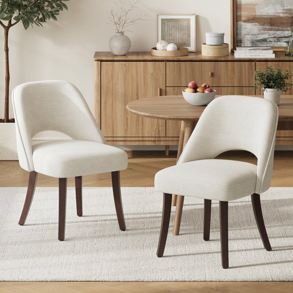 EOP Upholstered Dining Chairs Set of 2, Wooden Dining Side Chairs with Curved Backrest & Cushion, Ergonomic Fabric Chairs For Dining Room, Living Room, Cafe & Kitchen, Beige