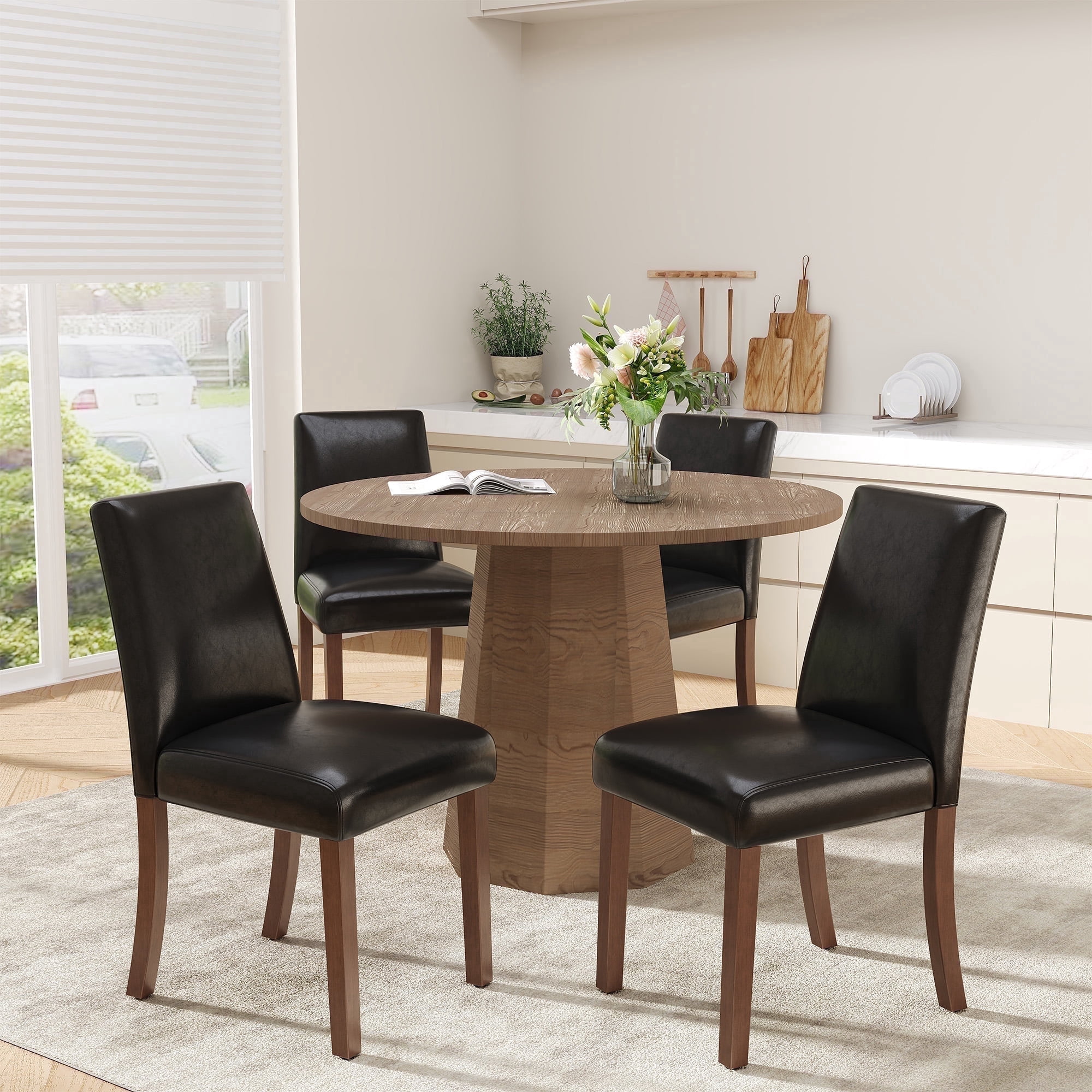 EOP Upholstered Dining Chairs Set of 4, Faux Leather Dining Side Chairs, Farmhouse Dining Room Chairs, Stylish Kitchen Chairs with Solid Wood Legs and Padded Seat, Black
