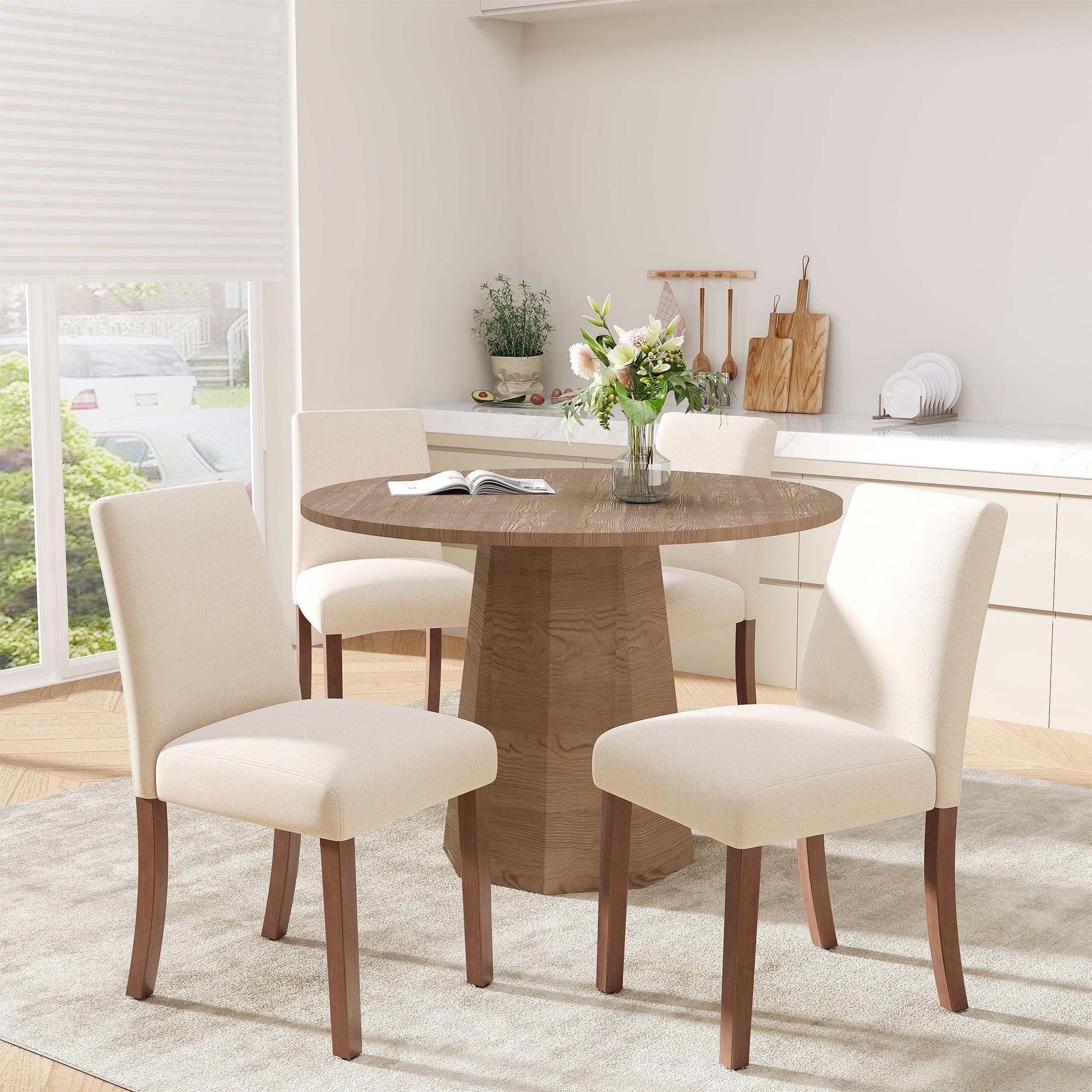 EOP Upholstered Dining Chairs Set of 4, Linen Fabric Dining Side Chairs, Farmhouse Dining Room Chairs, Stylish Kitchen Chairs with Solid Wood Legs and Padded Seat, Beige